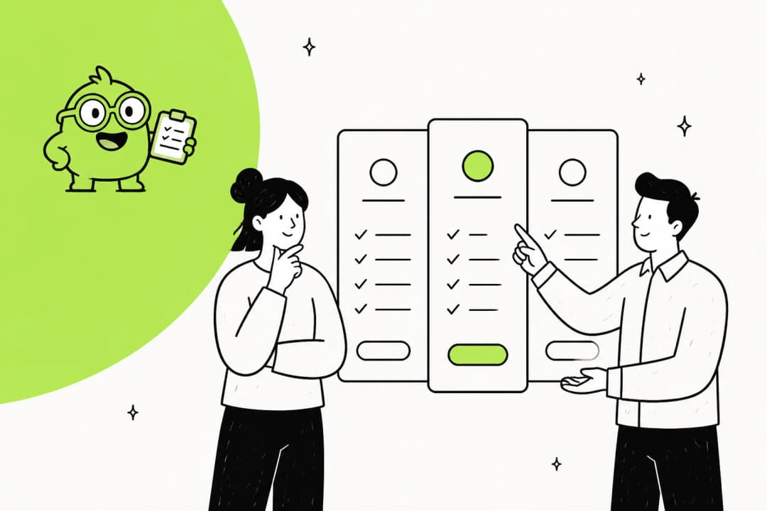 Hand-drawn illustration of two people comparing three pricing cards beside a small green cartoon assistant holding a checklist