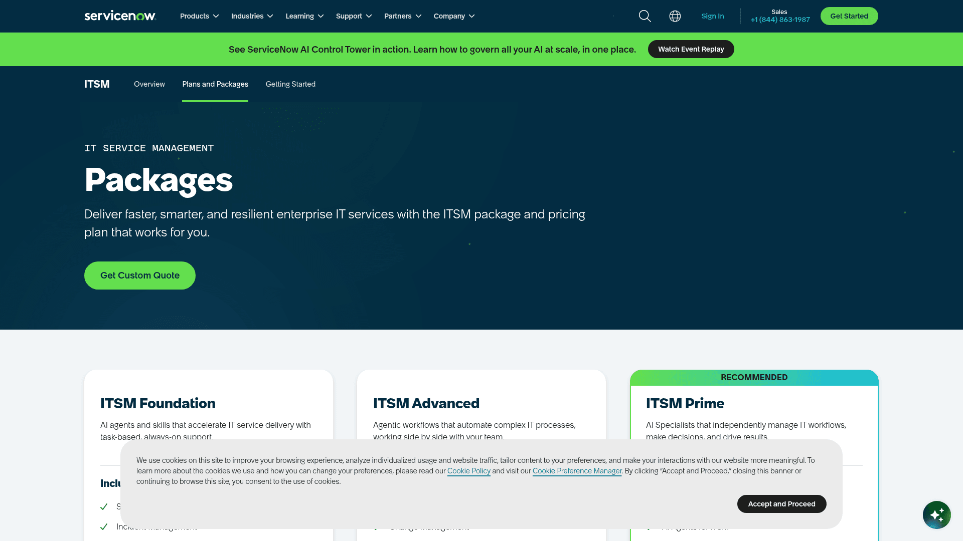 The ServiceNow ITSM Packages page showing the Foundation, Advanced, and Prime tiers, each behind a "Get Custom Quote" button, as taken from ServiceNow