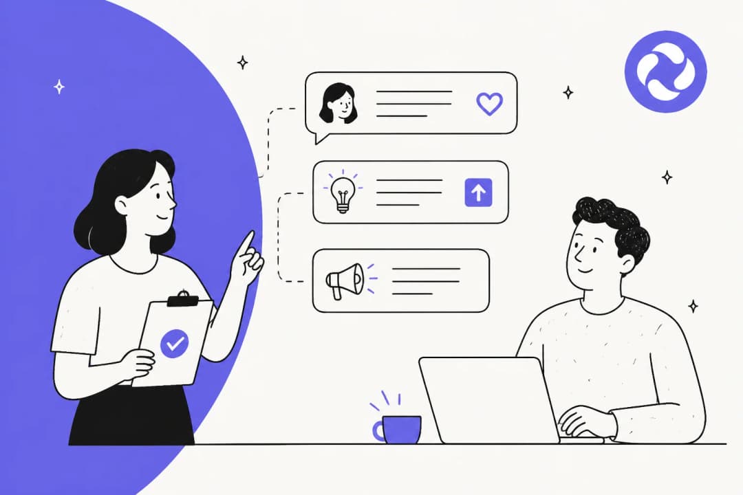 Illustration of a product team reviewing customer feedback cards and support conversations side by side