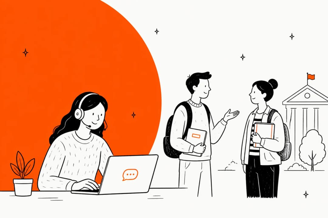 Illustration of a campus support agent with a headset helping two students in front of a university building