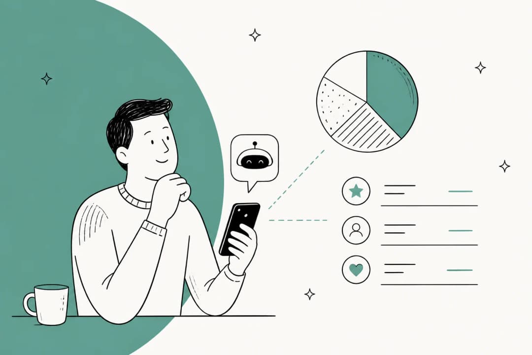 Hand-drawn illustration of a person texting a personal AI agent on a phone, next to a pie chart and a short list of cost lines