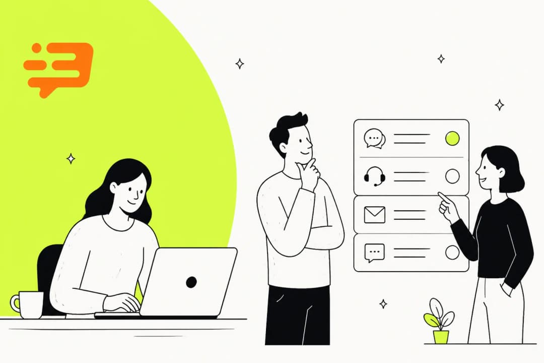 Illustration of a support team reviewing chat, email and helpdesk channels while comparing tools