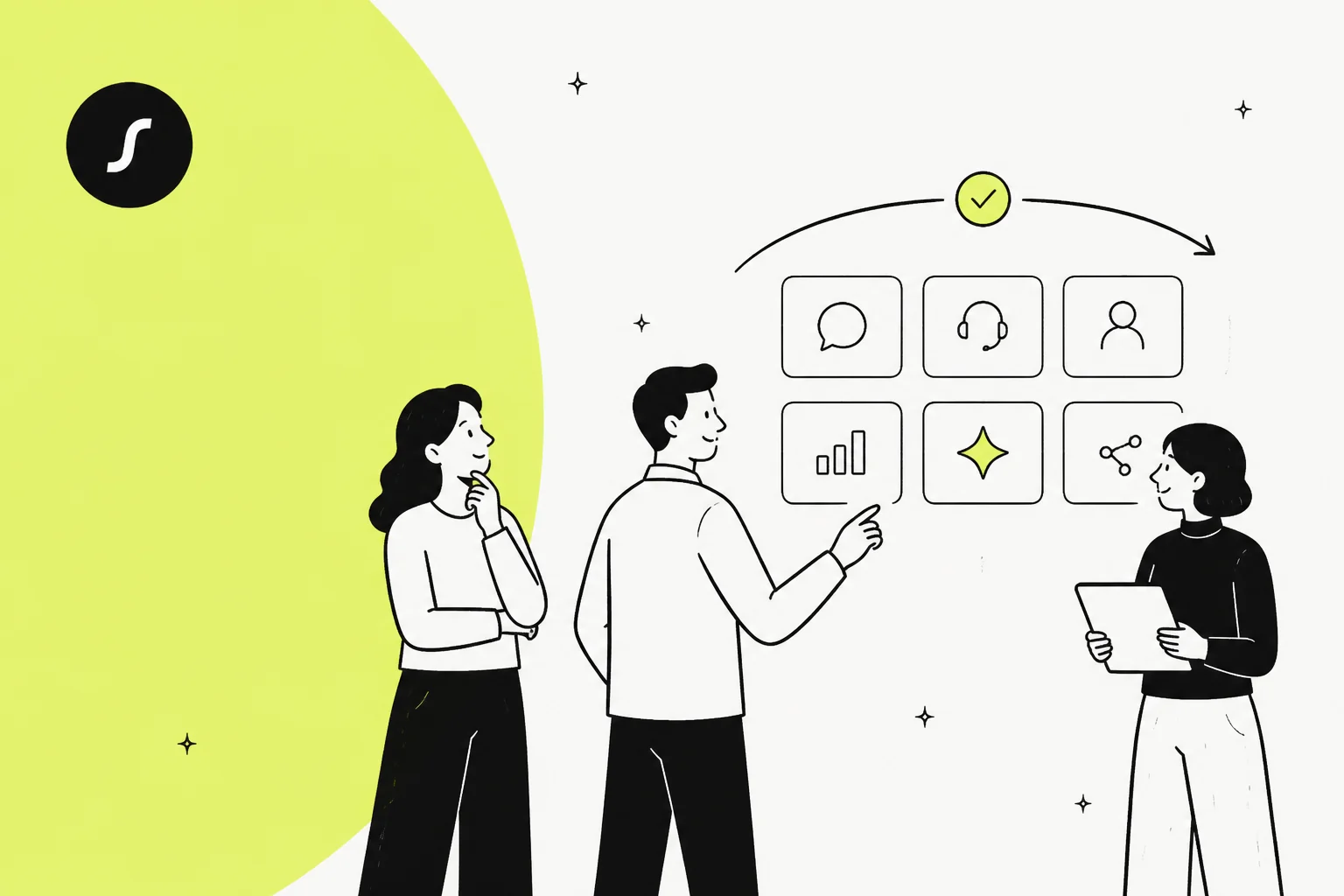 Illustration of a support queue splitting into two paths, one handed to an outside team and one kept in-house