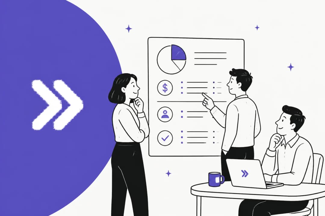 A support team reviewing a pricing breakdown on a whiteboard, in Pluno indigo