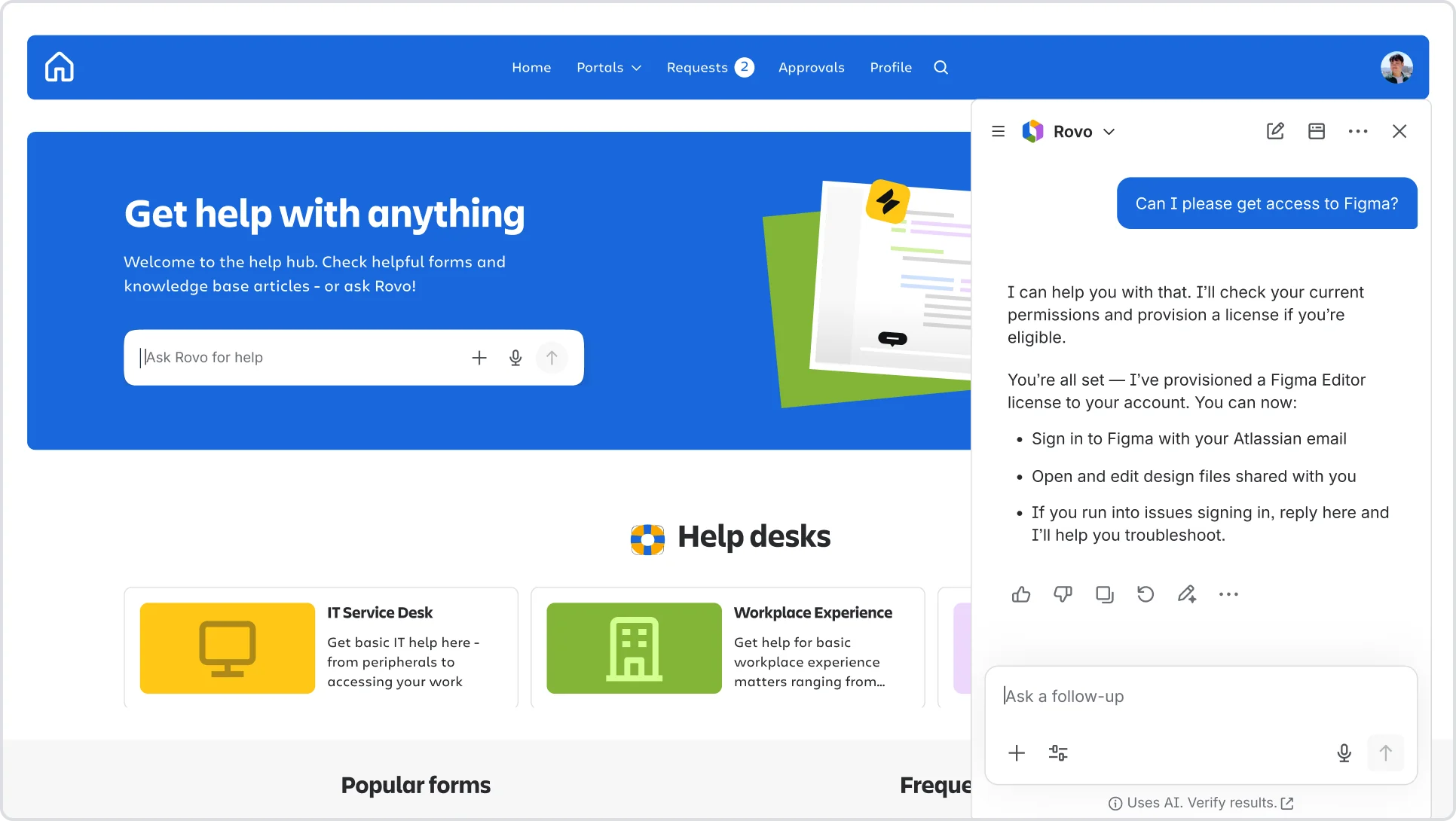 Jira Service Management help centre portal with the Rovo AI chat panel answering a Figma access request
