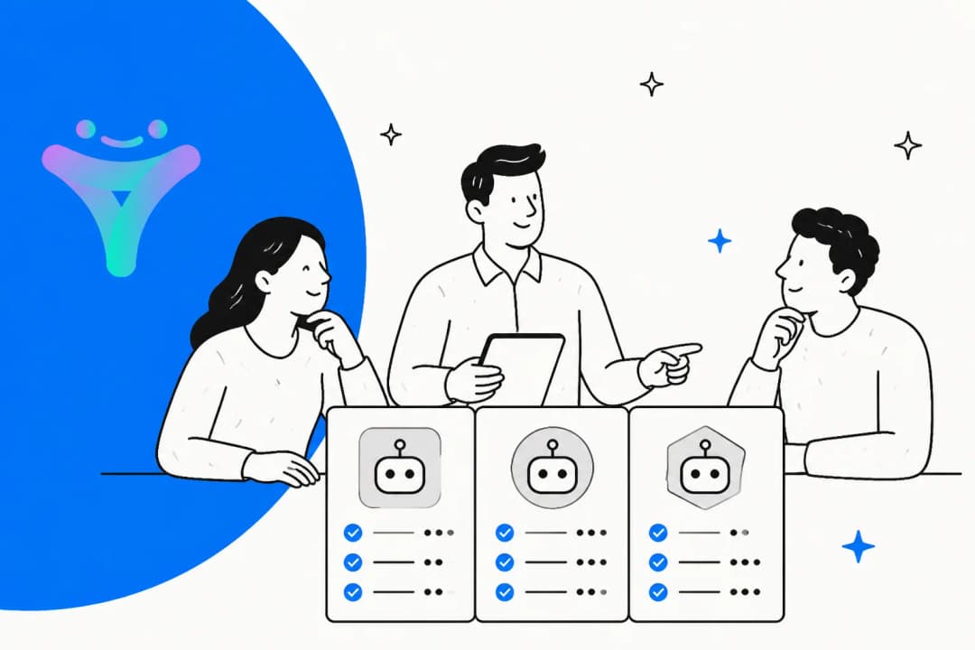 Three people comparing three AI agent option cards side by side, each with its own checklist