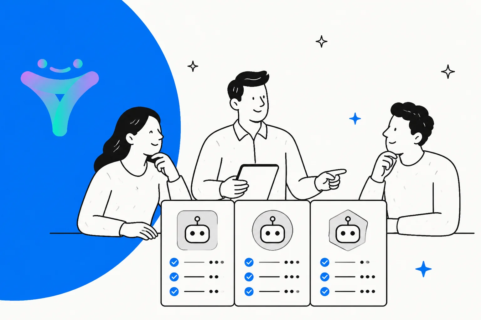 Three people comparing three AI agent option cards side by side, each with its own checklist