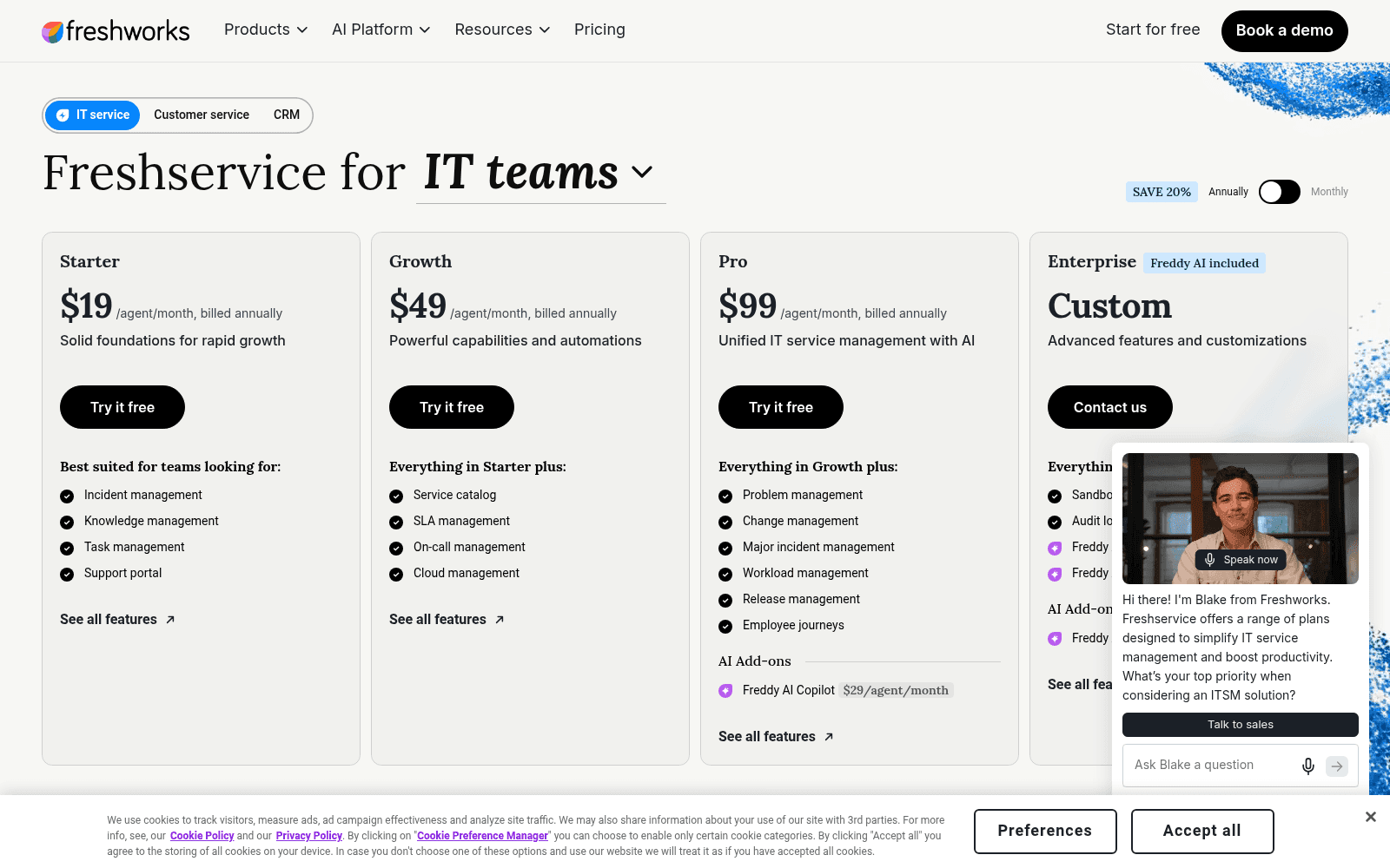 The Freshservice pricing page showing the four tiers with Freddy AI included on Enterprise, as taken from Freshworks