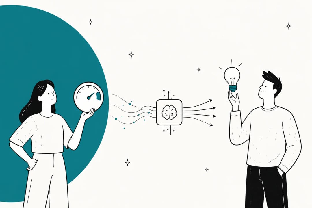 A person holding a meter beside a chip with several output arrows, and a second person holding a lightbulb, on a teal background