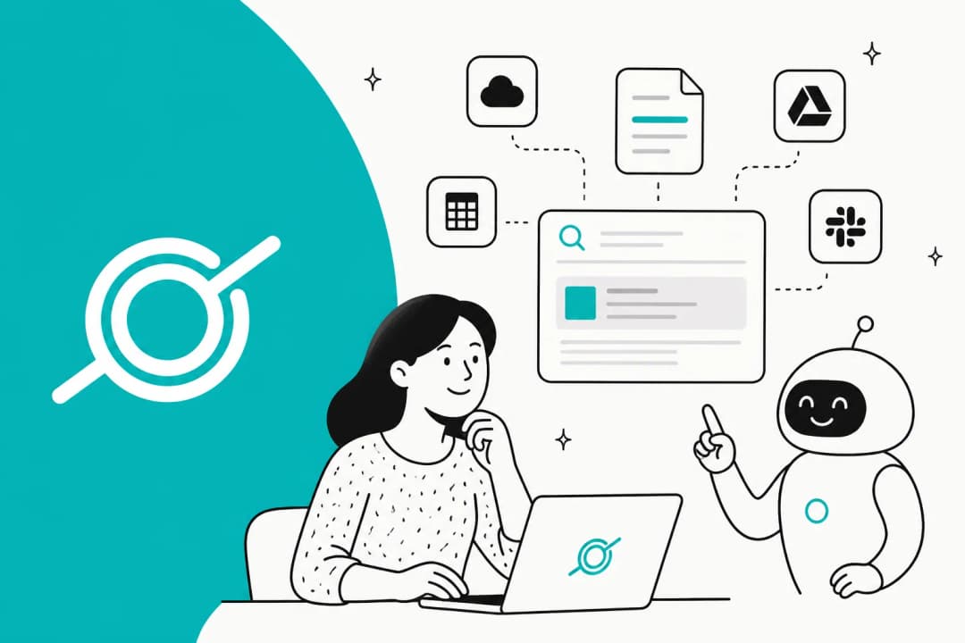 Illustration of an employee searching across connected company apps with an AI assistant beside them