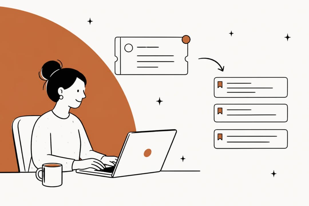 Illustration of a support agent working through ticket replies built from saved response templates