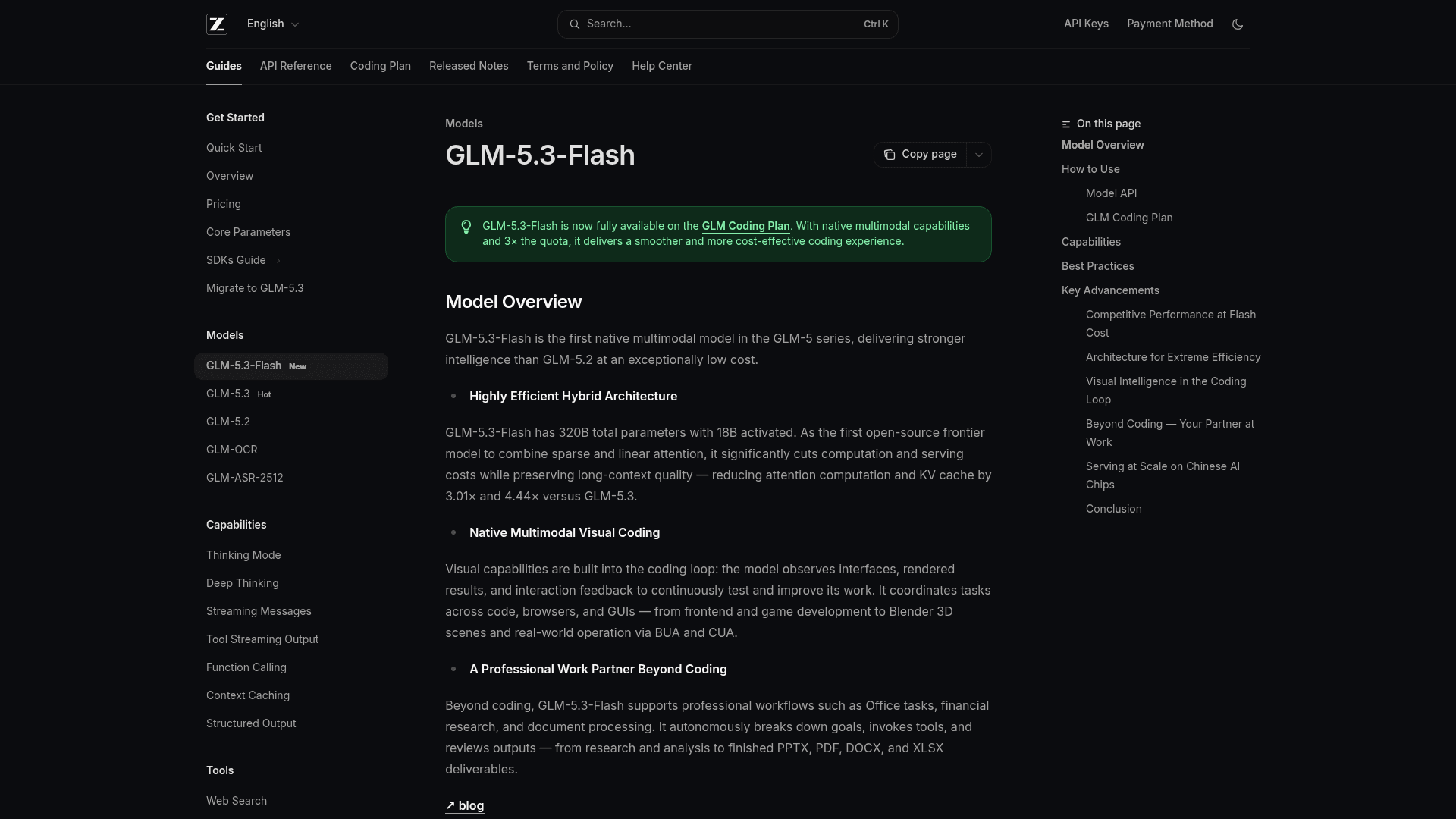 The GLM-5.3-Flash model page in Z.ai's own documentation, describing it as the first native multimodal model in the GLM-5 series