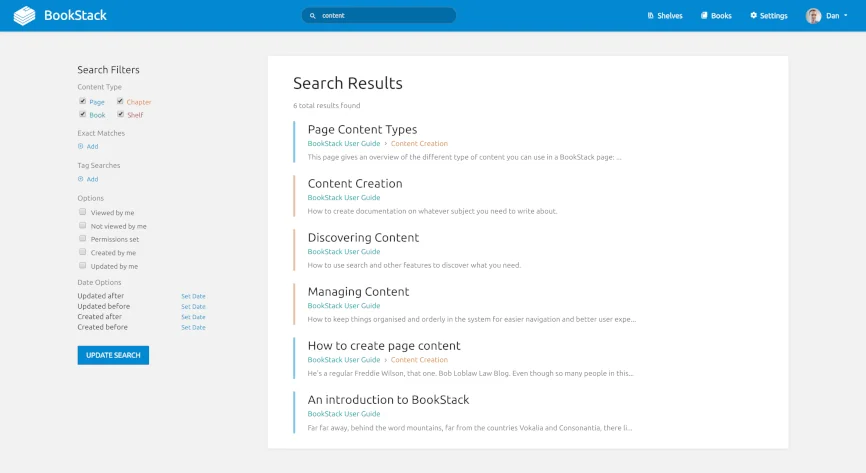 BookStack's global search interface across books, chapters and pages, as taken from BookStack