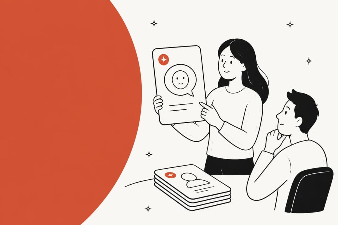Hand-drawn illustration of a support trainer holding up a scenario card with a customer chat bubble while a new agent studies it, with a stack of practice cards on the table