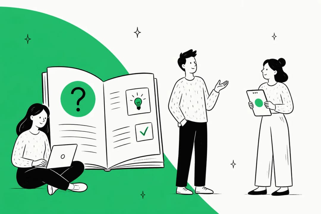 Illustration of people reading and building a help center knowledge base