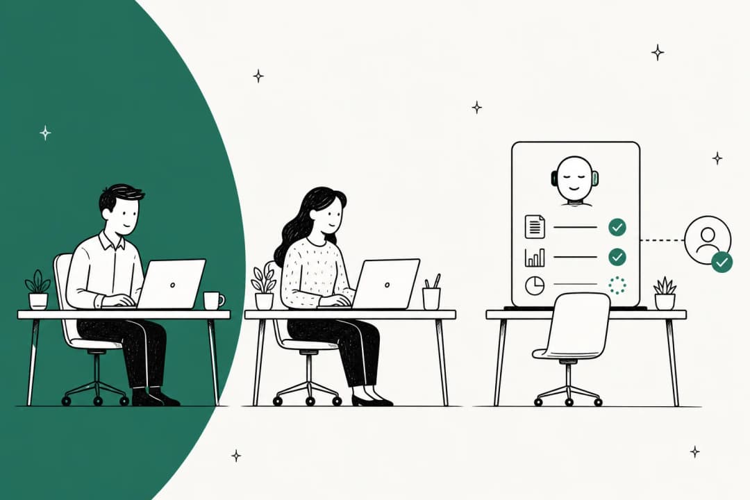 Three desks in a small office, two staffed by people and one running a digital worker panel whose finished tasks route to a human for approval