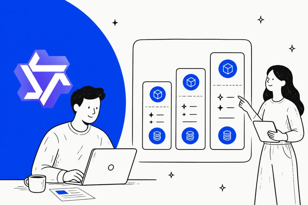 Illustration of two people reviewing tiered pricing cards on a screen, with the Qwen logo
