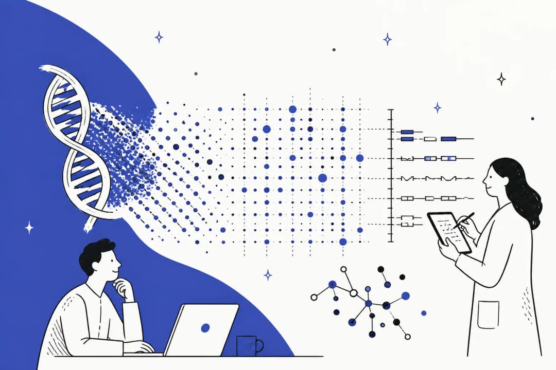 Abstract DNA double helix dissolving into a grid of scored data points in indigo blue