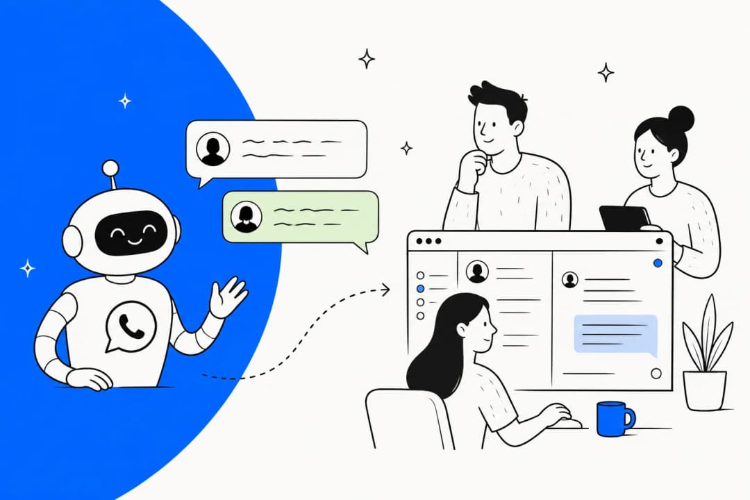 Hand-drawn illustration of WhatsApp chat bubbles flowing to a friendly AI robot that passes conversations into a shared team inbox