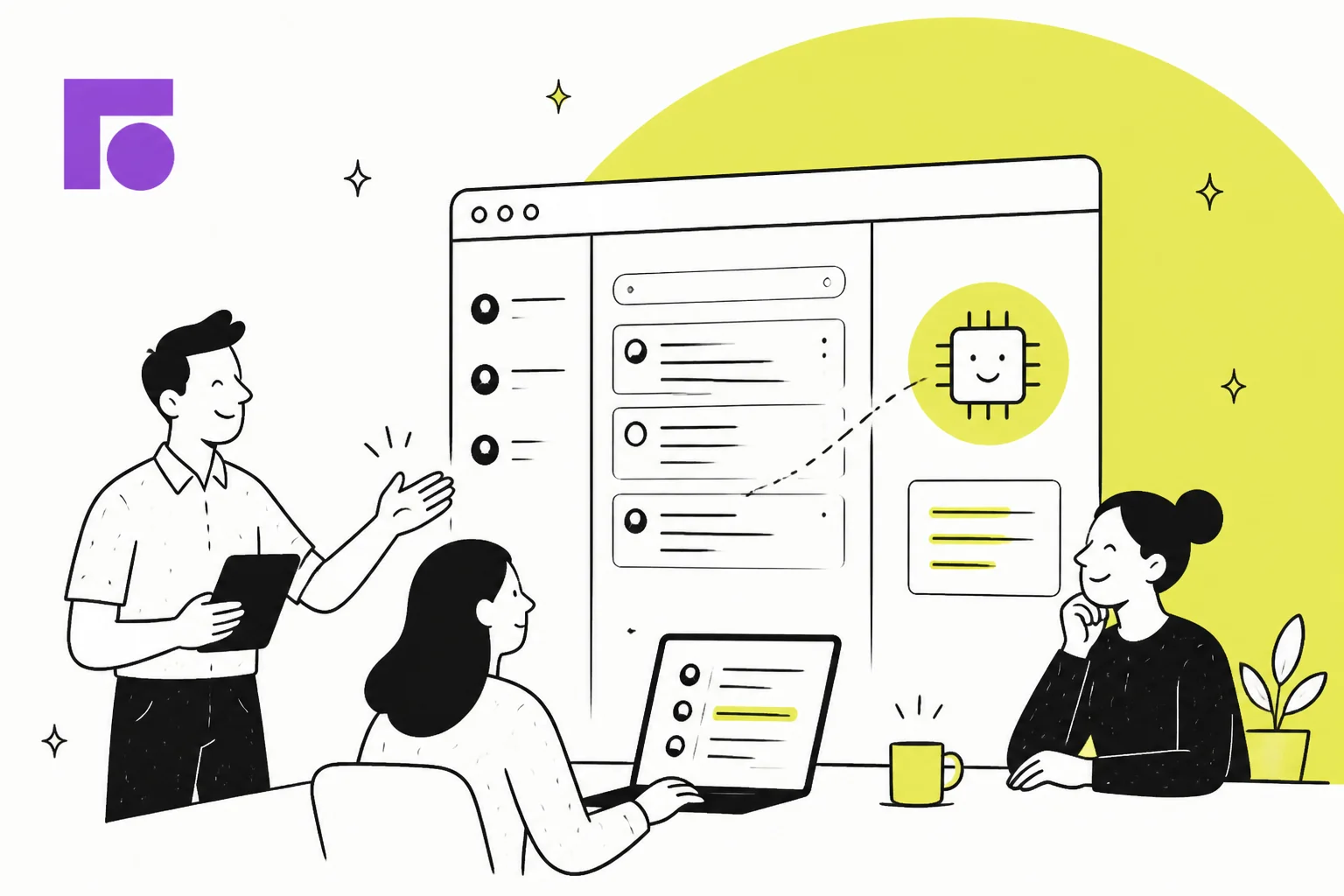 Illustration of a Front shared inbox with an AI agent reading and drafting replies