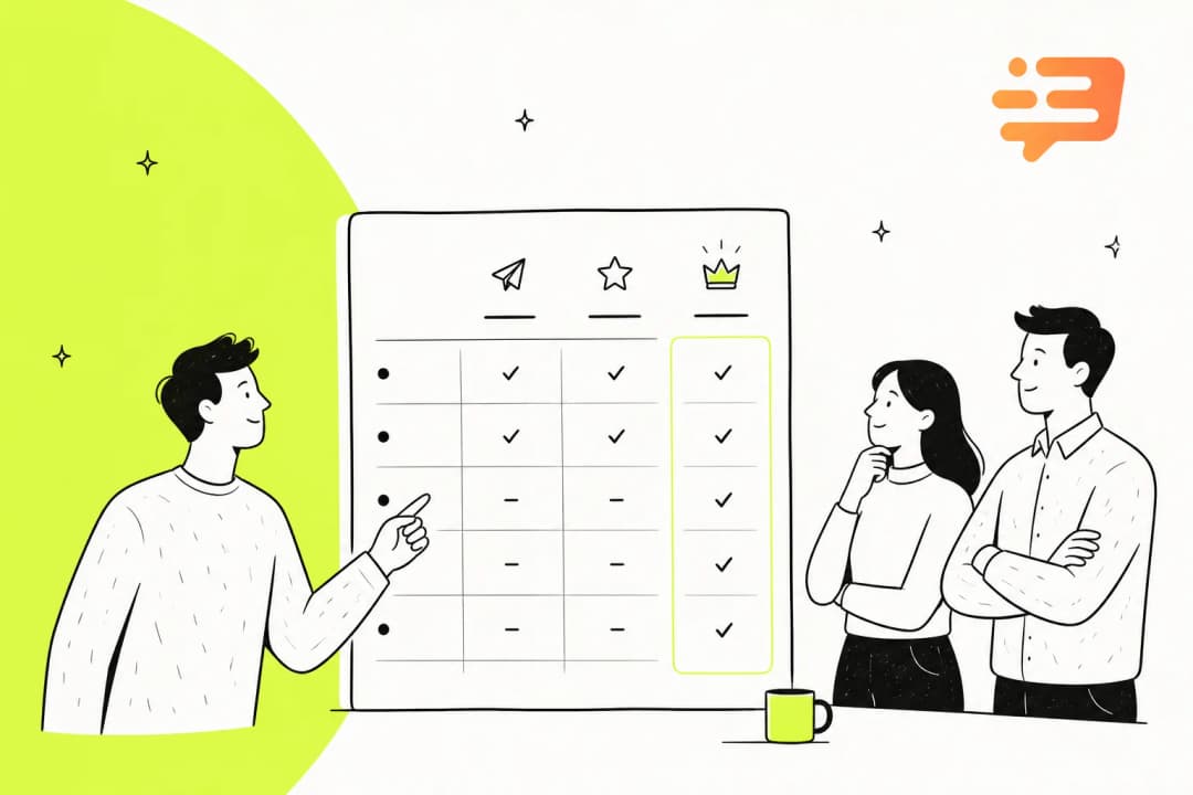 Illustration of a team reviewing a plan comparison table on a whiteboard