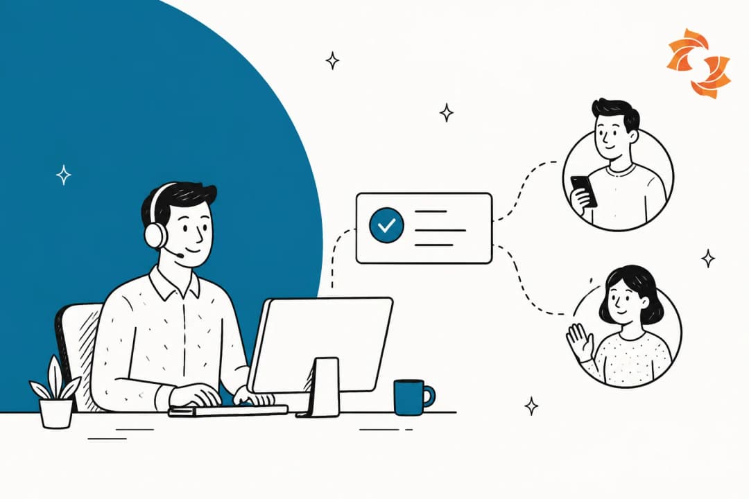 Illustration of an IT technician working a help desk ticket queue with end users on the other side