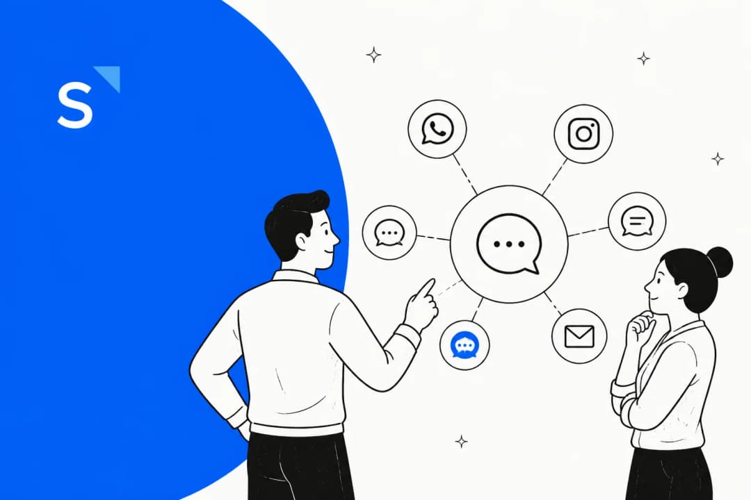Two people looking at a network of messaging channel icons including WhatsApp and Instagram, next to the SleekFlow logo