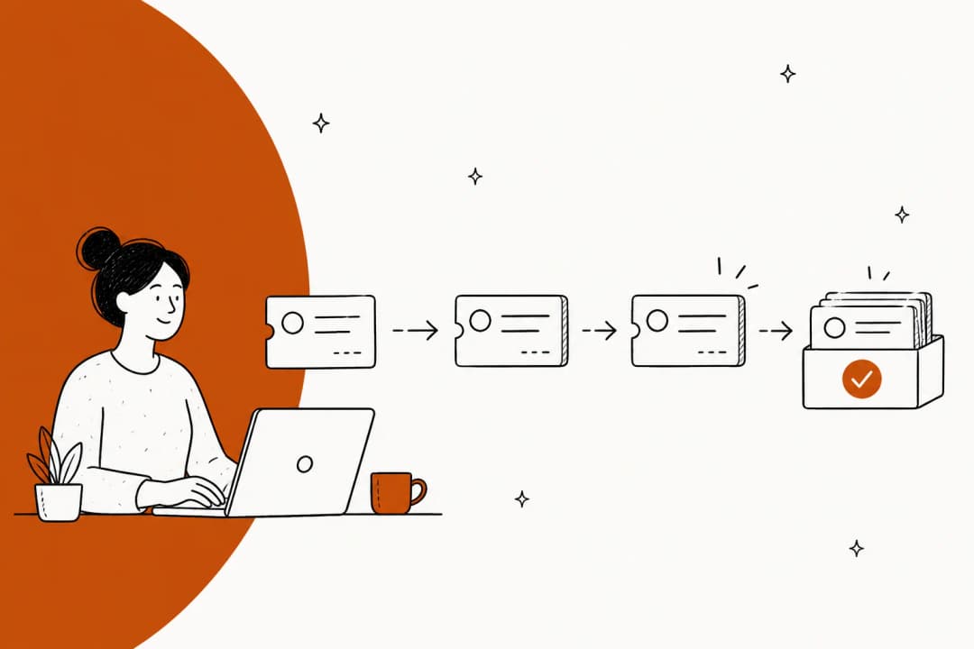 Illustration of support requests moving through ticket statuses into a resolved queue