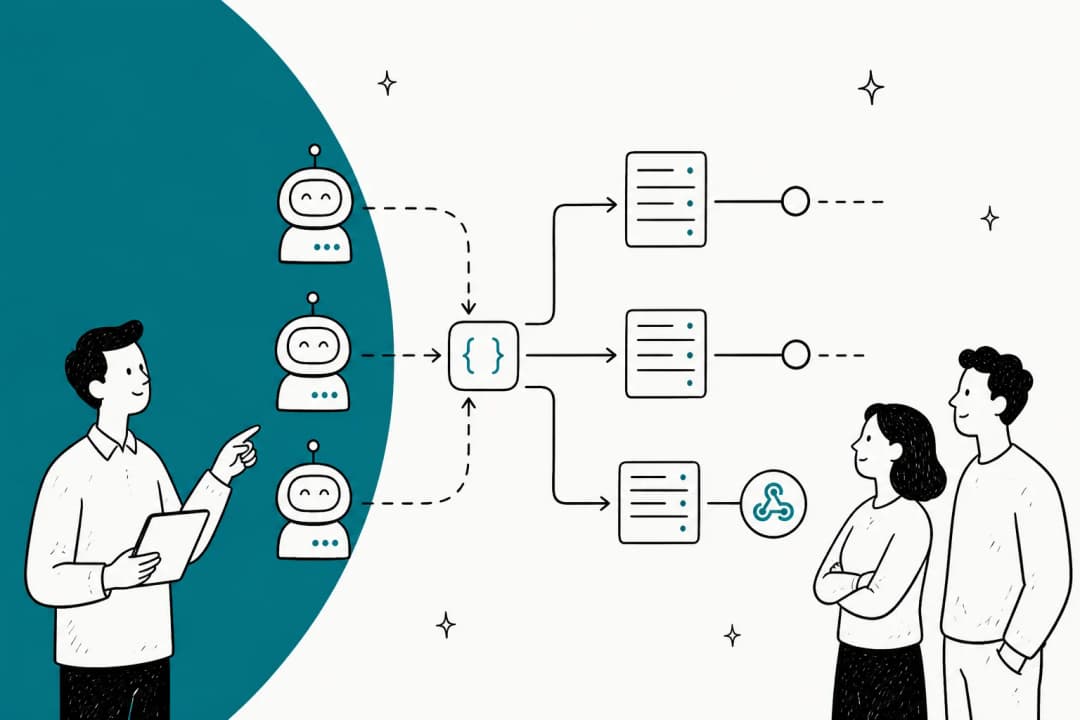 Illustration of a service-to-service AI agent waking on an event and calling other services' APIs with no human interface