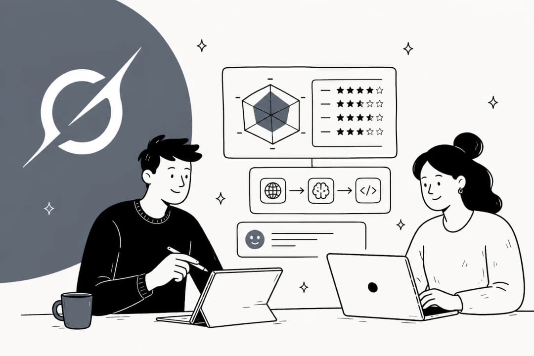 Illustration dessinée à la main avec le logo de Grok et une fiche d'évaluation montrant des notes en étoiles mitigées selon les catégories