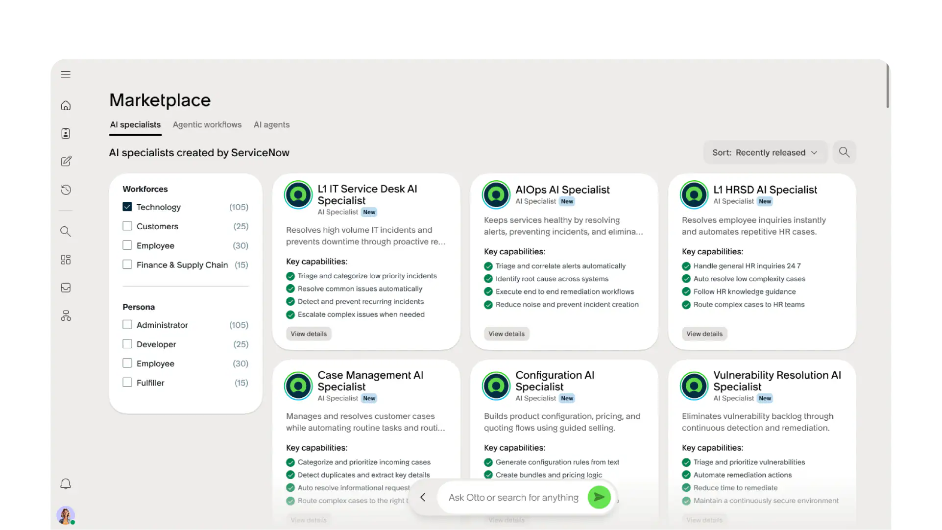 ServiceNow marketplace showing AI specialists including an L1 IT Service Desk agent and the Ask Otto search bar