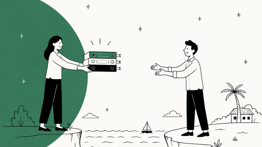 Hand-drawn illustration of an in-house support agent handing a stack of binders across the water to an offshore support agent