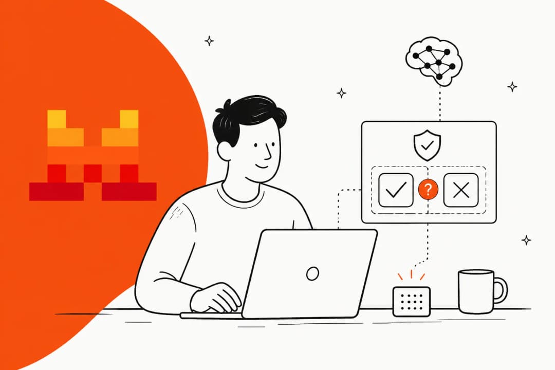 A person at a laptop beside a shield-shaped panel showing a tick, a question mark and a cross, with the Mistral mark on an orange background