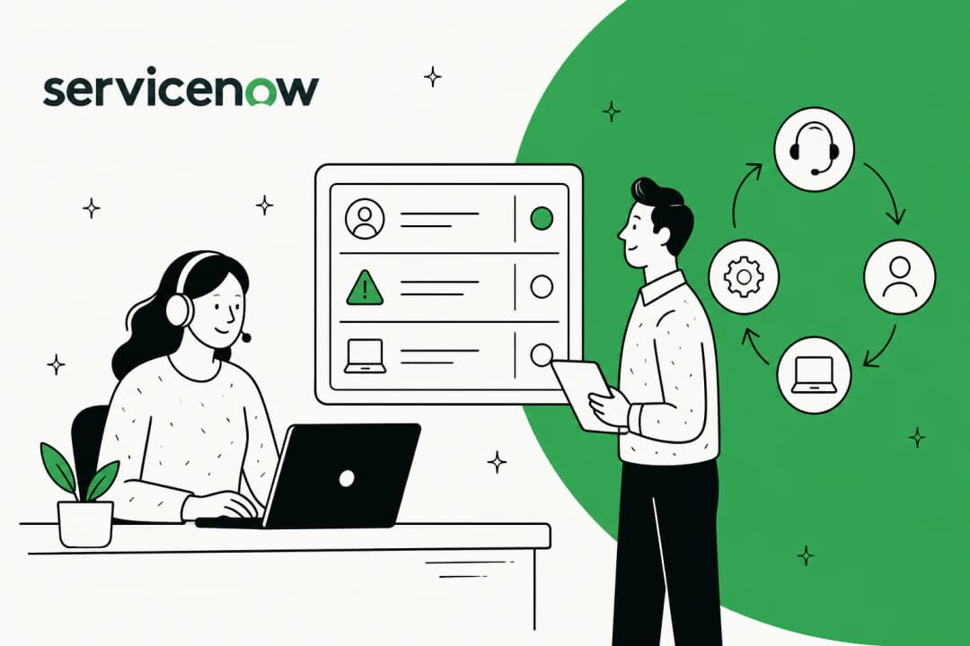 Illustration of a ServiceNow IT ticketing queue with incident records and service desk workflow