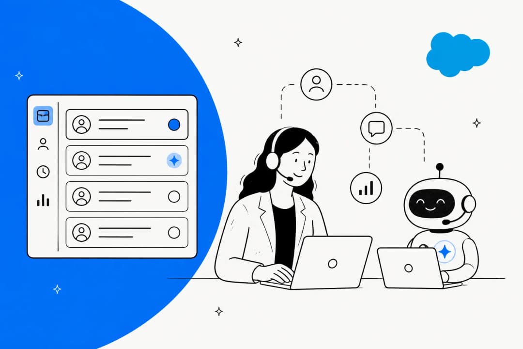 Illustration of a Salesforce Service Cloud case queue with a human agent and an AI agent working tickets side by side