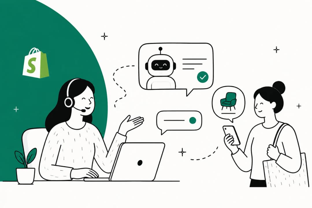Illustration of an AI chat assistant helping a shopper on a Shopify storefront