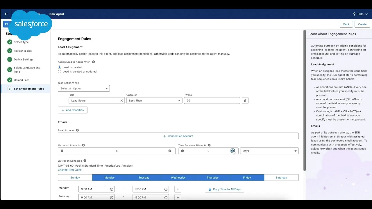 Salesforce's new agent setup wizard on the engagement rules step, with a condition builder and outreach schedule