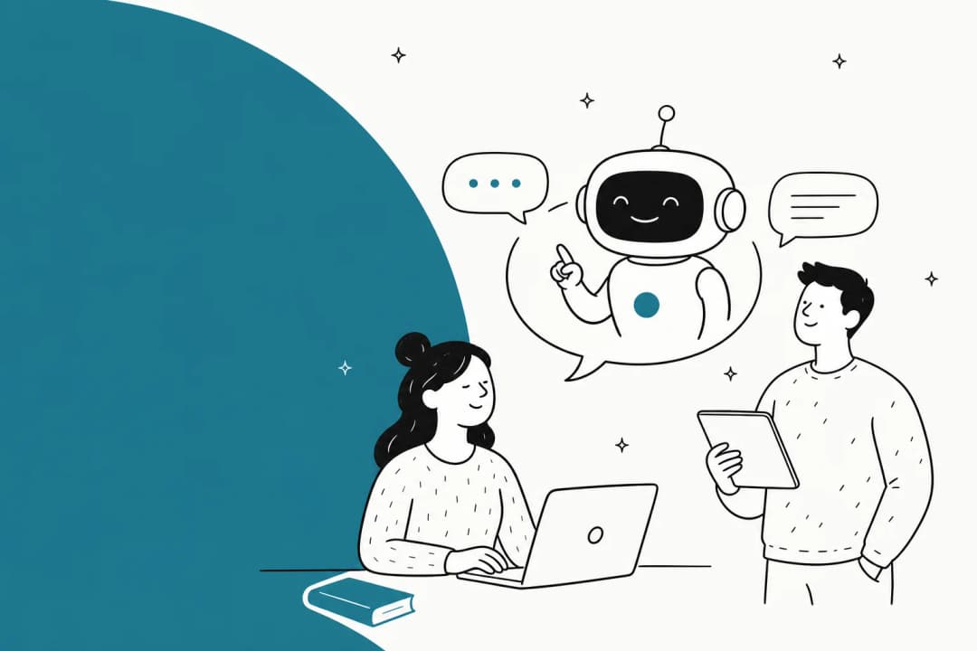 Illustration of an AI chatbot answering student questions across schools and universities