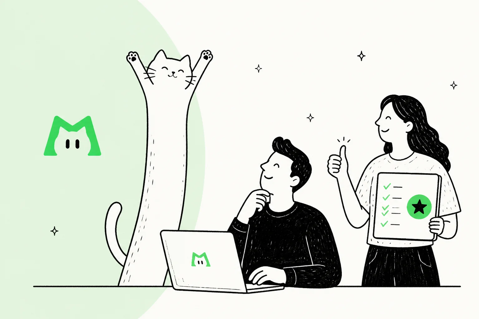 Illustration of a very long cat stretching beside two people reviewing a scorecard, with the LongCat logo