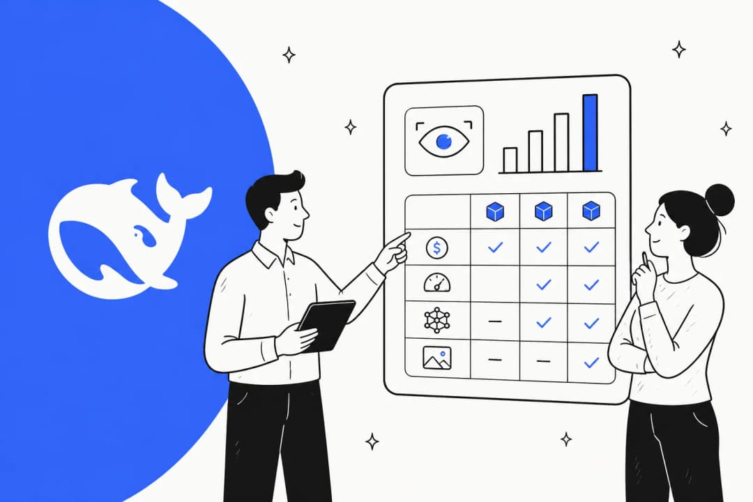 Hand-drawn illustration of a rate card and a stack of screenshots being flattened to a single flat price line beside the DeepSeek whale