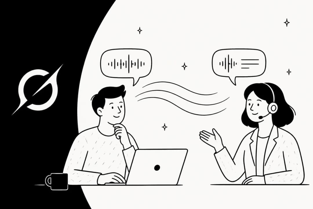Line illustration of a developer and a support agent talking through voice waveforms, next to the Grok logo
