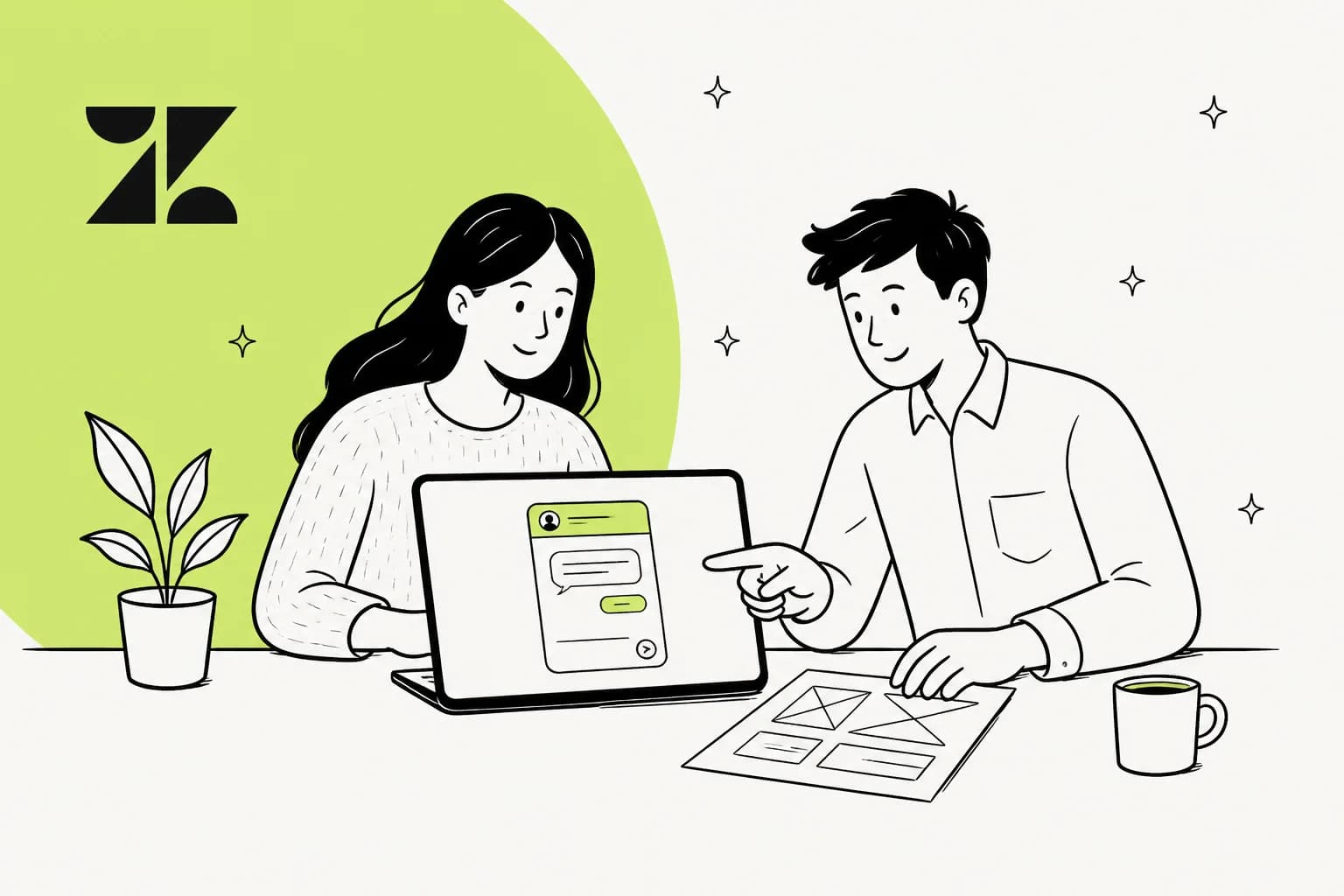 Two people reviewing a chat widget layout on a laptop next to the Zendesk logo