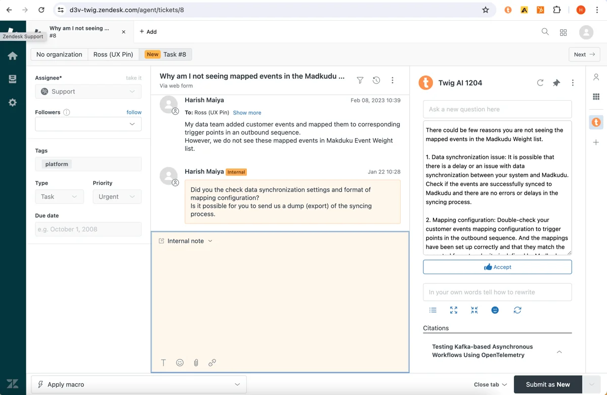 Twig's Zendesk sidebar drafting a reply with an Accept button and a citations panel, as taken from Twig