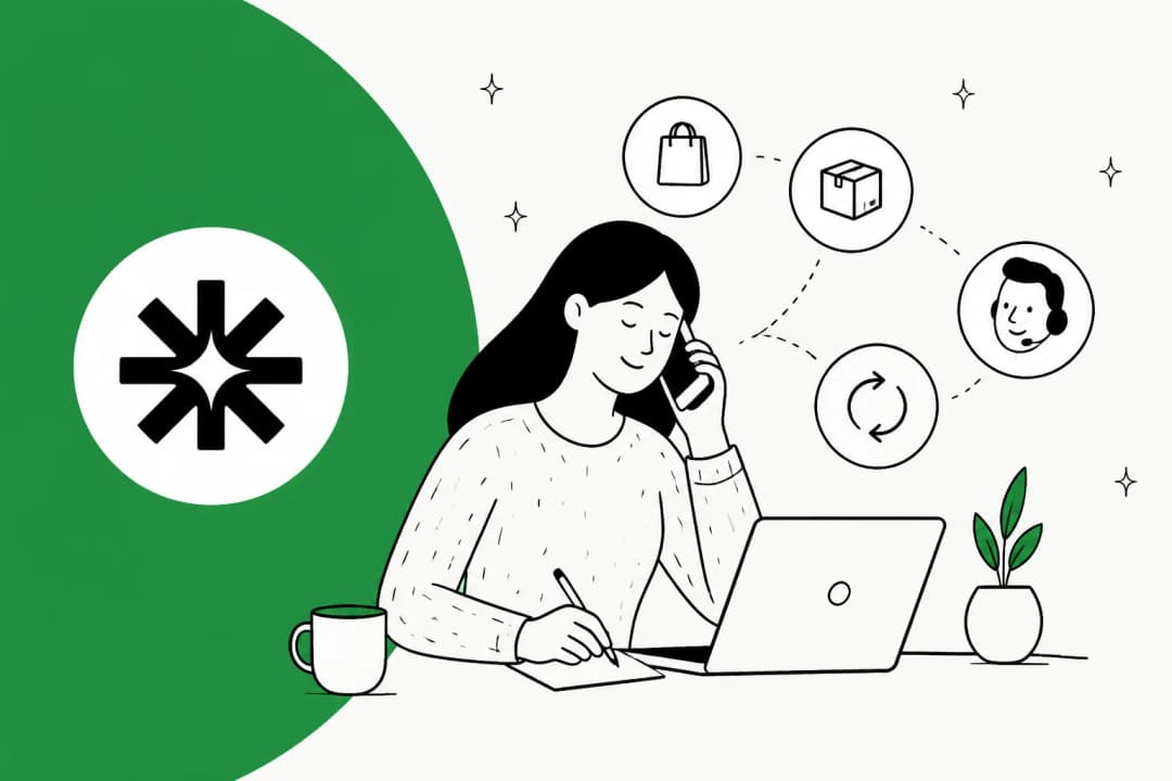 Illustration of a shopper on a phone call surrounded by order, parcel, return and support icons, with the Ringly mark on a green field
