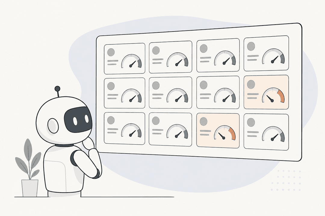 Illustration of an AI bot watching a wall of customer account-health gauges