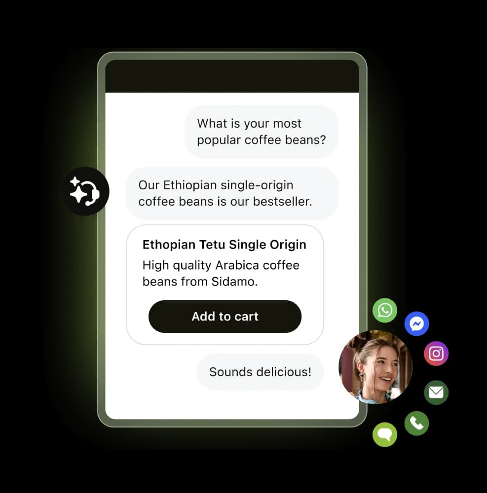 Zendesk AI agent chat answering a product question and offering an add-to-cart action across messaging channels, as taken from Zendesk
