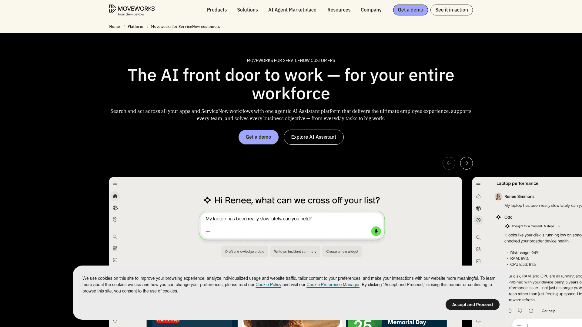 The Moveworks AI Assistant handling a slow-laptop request, with the agent's reasoning steps and device health readings alongside it, as taken from Moveworks