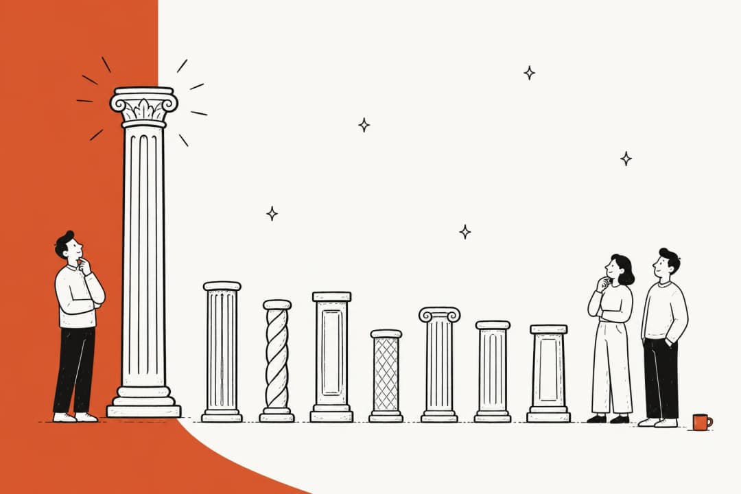 One tall ornate column beside eight smaller columns of varied design