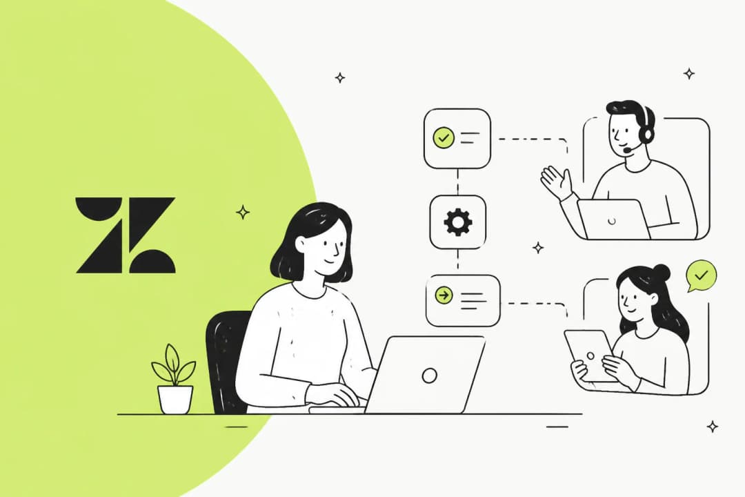 Illustration of Zendesk's rules engine: condition and action cards chaining through a settings step and routing out to a support agent and a customer