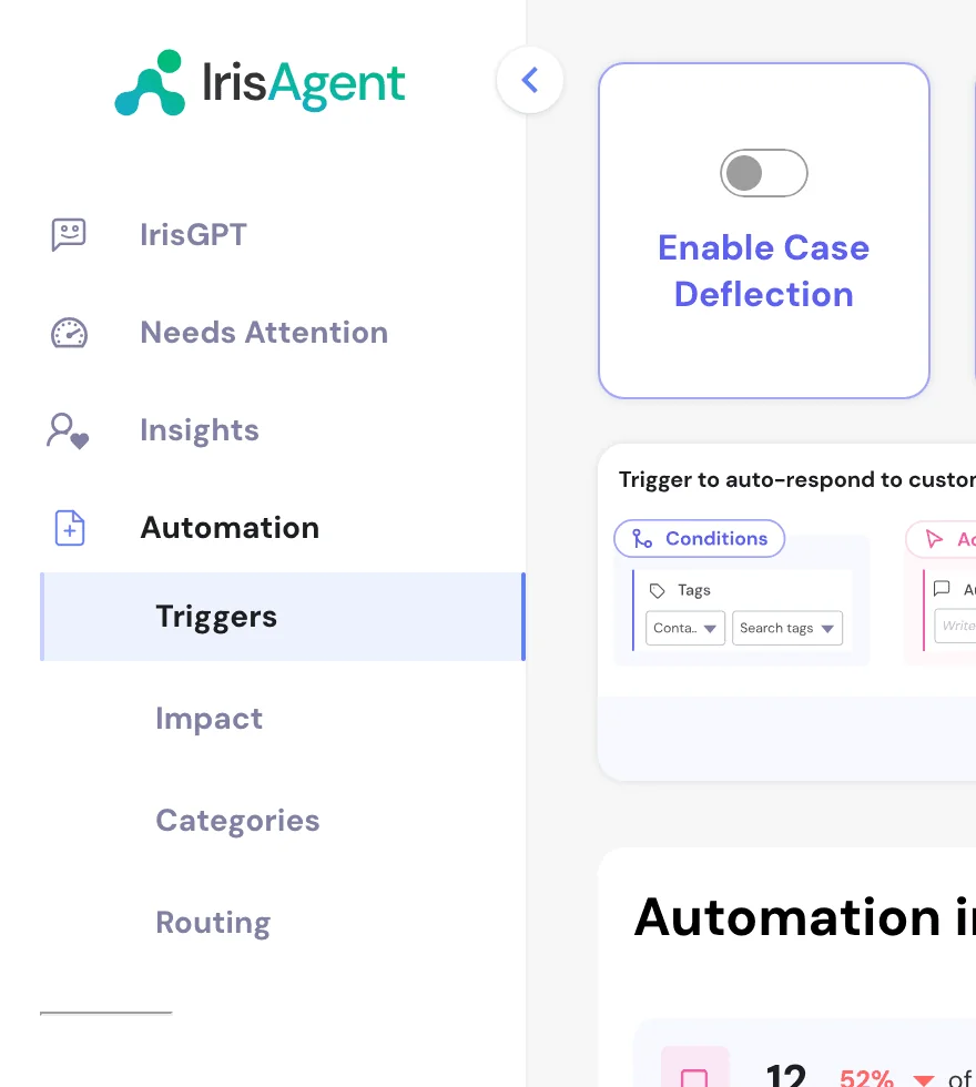 The IrisAgent admin, showing the case deflection toggle beside a trigger's conditions, as taken from IrisAgent docs